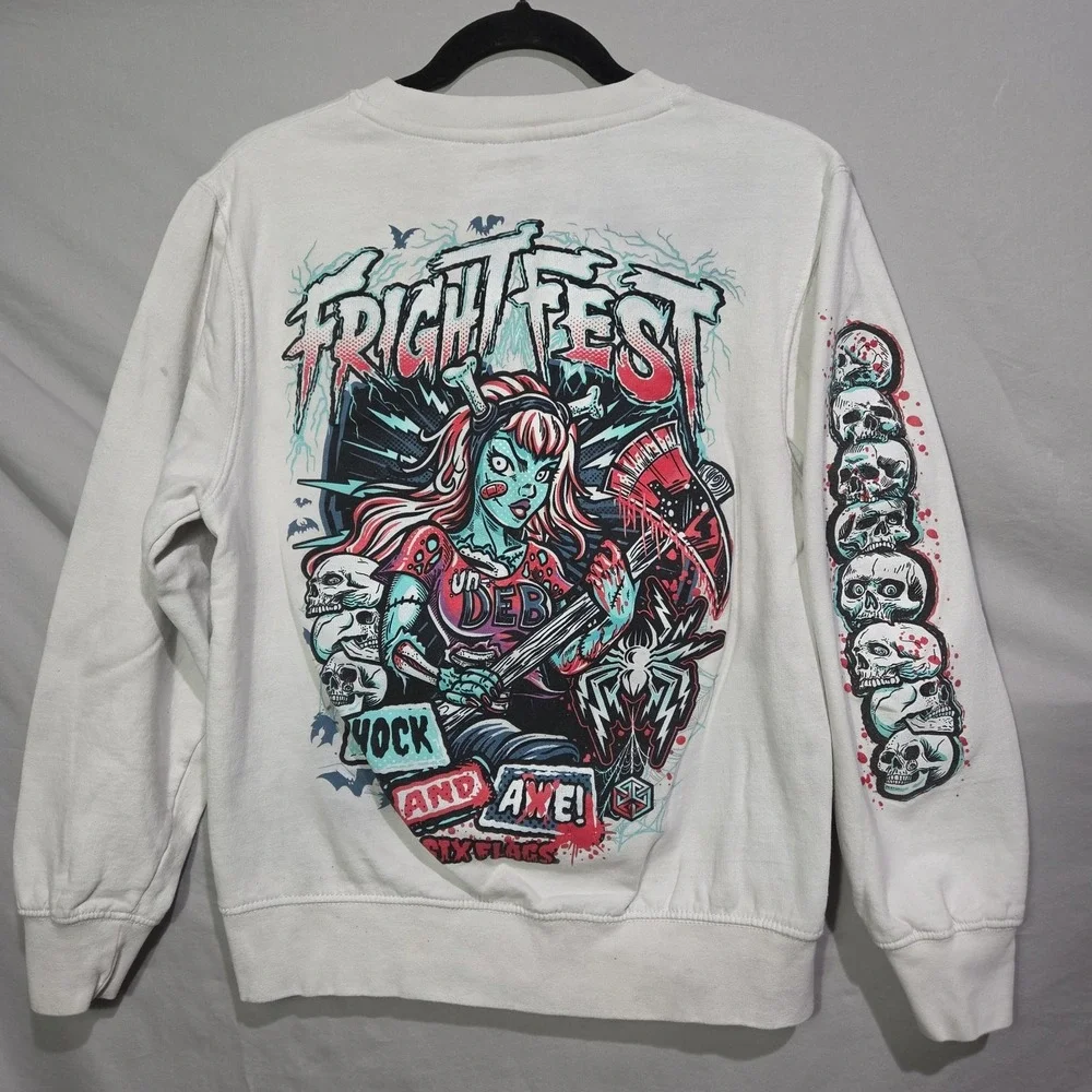 Six‎ Flags Fright Fest Shock Axe Zombie Girl UnDeb Small White Crew Sweatshirt